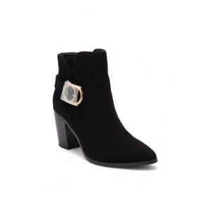 Laicigo Women's suede Chelsea Ankle Booties Black V-Cut gold buckle Pointed Toe